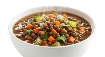 Photo of a bowl of lentil soup with carrots, celery, and parsley isolated on transparent background, a healthy and delicious vegetarian meal option