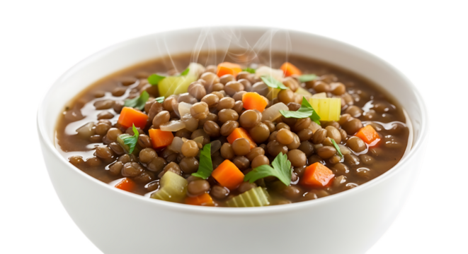 Photo of a bowl of lentil soup with carrots, celery, and parsley isolated on transparent background, a healthy and delicious vegetarian meal option