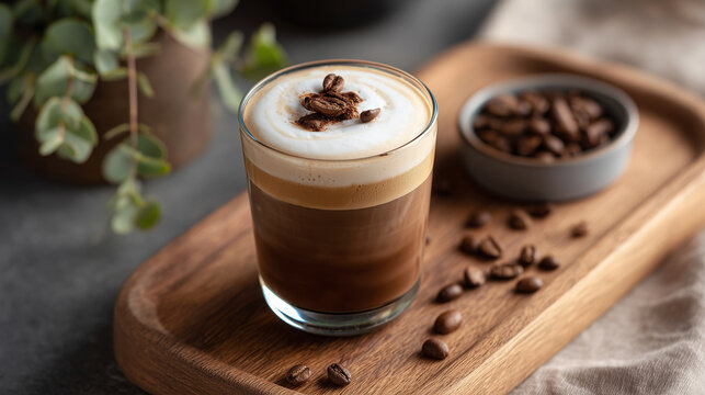 Delicious cappuccino coffee in a glass cup topped with foam and coffee beans, served on a wooden tray.