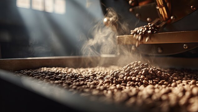 Roasted coffee beans steaming from a machine