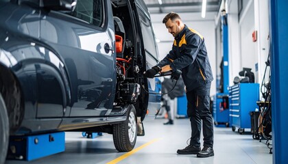 Mechanic Inspecting Van Engine in Repair Shop