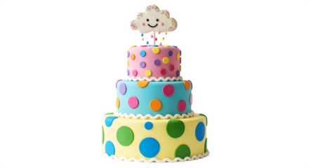 Whimsical polka dot cake, isolated on white background