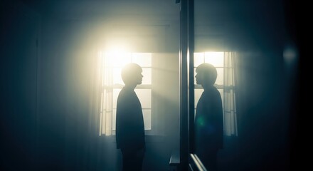 Obraz premium Silhouette of a Man Standing by Window with Reflection