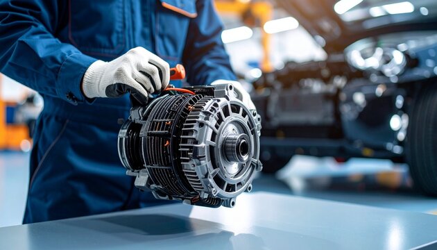Close-up of a skilled automotive technician in gloves meticulously assembling a vehicle's electric generator in a workshop.