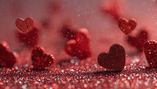 Romantic hearts on a sparkling red background