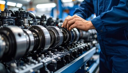 Fototapeta premium Professional mechanic performing detailed assembly of a heavy-duty industrial machine, showcasing skilled labor and precision engineering in a factory.