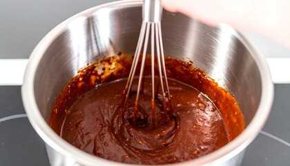 Dark brown sauce being whisked in a stainless steel pot.