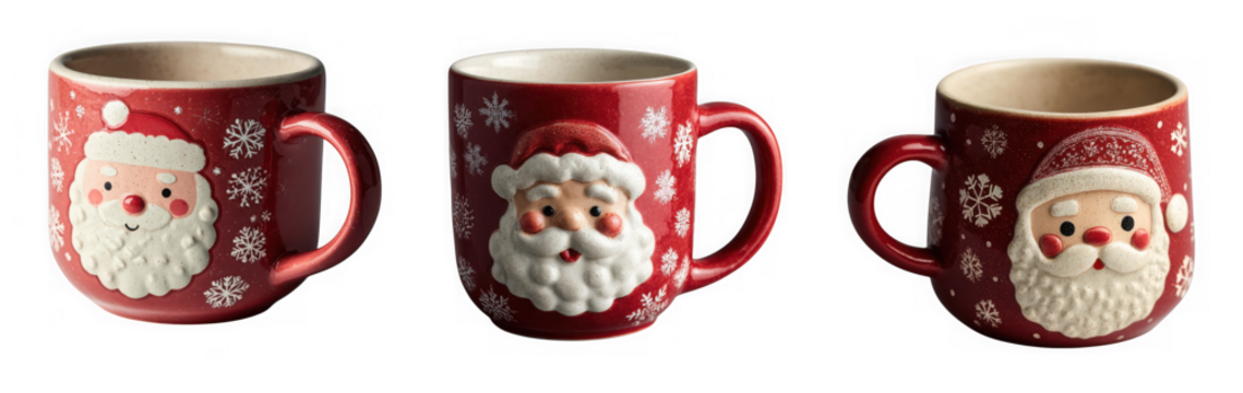 Three red ceramic mugs decorated with santa claus faces and snowflakes, isolated on transparent background - Powered by Adobe