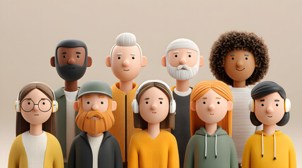 Naklejka premium A vibrant and diverse group of stylized 3D rendered cartoon characters showcasing a global community and human connection, representing various backgrounds and modern inclusivity.