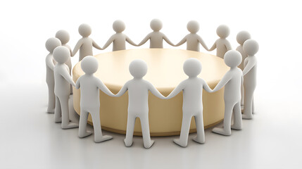 Abstract 3D figures forming a cohesive circle around a table, symbolizing unity, teamwork, and collaborative discussion. A visual metaphor for connection and community.