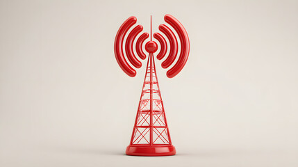 Striking Red 3D Render of a Modern Communication Transmission Tower Emitting Wireless Signal Waves, Symbolizing Global Connectivity and Advanced Technology Infrastructure.