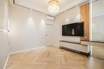 Elegant living room design with hardwood flooring and modern decor