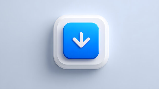 Modern 3D rendered blue square button featuring a prominent downward arrow, symbolizing data download, digital access, and online file transfer for web and application interfaces.
