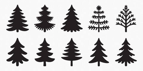 Christmas tree silhouette clipart set. Black Christmas tree drawing clip art collection in white background for xmas season pine tree flat icon decoration vector illustration.