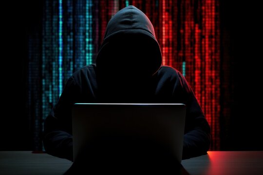 Hacker in a dark room using a laptop