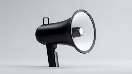 Dynamic black and silver megaphone isolated on a pristine background, symbolizing amplified communication, public speaking, and urgent announcements.