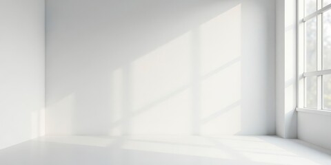 Fototapeta premium Sunlit Empty Room Corner with White Walls and Large Window Showing Light and Shadow Patterns