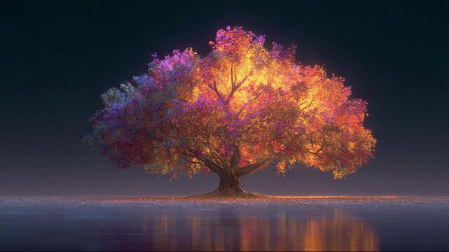 Colorful tree with vibrant autumn leaves reflected in water  