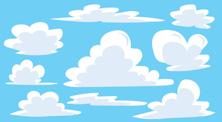 Set of white cloud icons on a blue background. Cloud shapes vary in size and form. 
