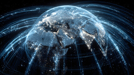 Global Connectivity: Earth surrounded by data streams, representing interconnectedness and digital networks. Illustrates global communication and technology.