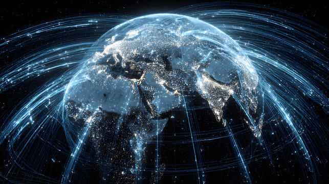Global Connectivity: Earth surrounded by data streams, representing interconnectedness and digital networks. Illustrates global communication and technology.