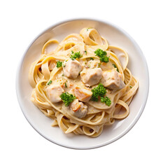 Creamy chicken fettuccine alfredo pasta dish isolated on transparent background