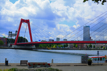Willemsbrug, the red bridge in Rotterdam spanning the River Rhine.