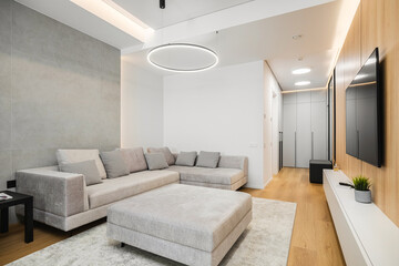 Modern living room with minimalist design featuring spacious sectional sofa and sleek entertainment unit