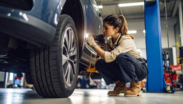 Young female auto mechanic inspecting car wheel and tire in repair shop