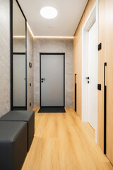 Modern hallway design featuring sleek furniture and minimalistic decor in a contemporary residential space