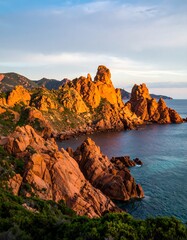 Coastal cliffs bathed in golden sunrise light
