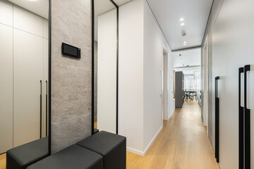 Modern hallway with sleek design and natural light in a contemporary apartment interior