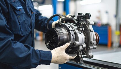 Mechanic's Hands Inspecting a Car Engine Component in Automotive Workshop