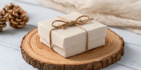 Beige Fabric Gift Box Mockup with Twine on Wooden Slice for Elegant Packaging Display