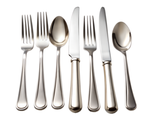 Set of silverware including forks, knives, and spoons isolated on transparent background