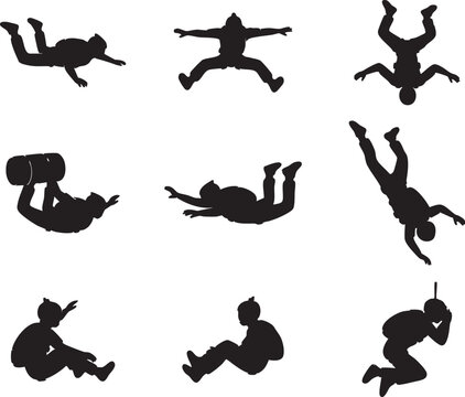 Skydivers Silhouette Vector Set. Freefall and Parachuting Icons.