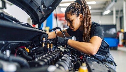 Skilled female mechanic diligently inspects and maintains a vehicle engine in a professional automotive workshop, ensuring peak performance and reliable car care.