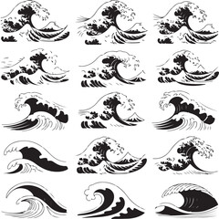 Collection of 15 distinct black and white stylized ocean wave illustrations waves water