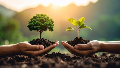 Hands holding trees showing environmental preservation and ecological sustainability