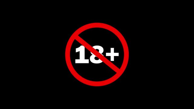 Animated Under 18 forbidden ban icon on black background. 18 not allowed logo animation. 18Plus movie icon. 
Animation of under 18 prohibition sign symbol on a black background.18+ not allowed icon.4K