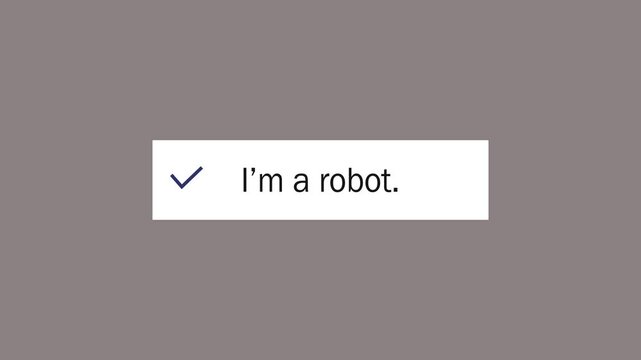 Mouse clicking on I'm not a robot button on a computer or phone screen confirming the user is human. Digital interface or website with cursor ticking the check box to submit the correct answer. 4k,,,