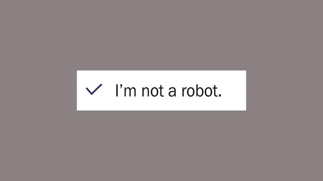 Mouse clicking on I'm not a robot button on a computer or phone screen confirming the user is human. Digital interface or website with cursor ticking the check box to submit the correct answer. 4K,,.