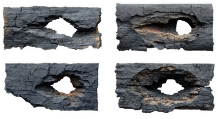 Closeup of burnt wood with a hole, isolated on transparent background