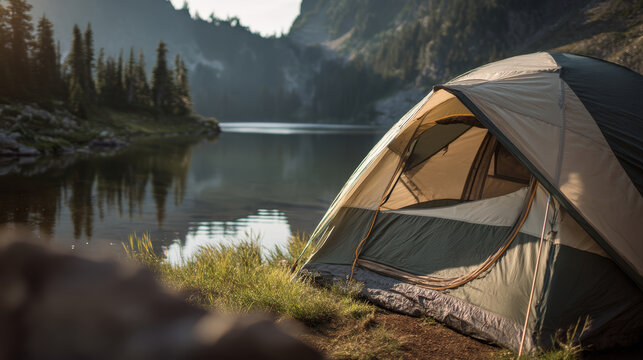 A camping tent set up near a tranquil lake surrounded by mountains. The scene captures the essence of outdoor adventure and nature exploration. - Powered by Adobe