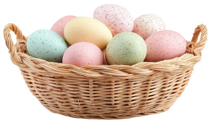 Colorful eggs in a shallow wicker basket