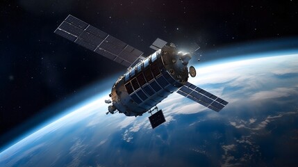 Obraz premium modern engineered satellite featuring extended solar arrays orbiting silently above Earth’s surface in a detailed space infrastructure scene spaceship and planet