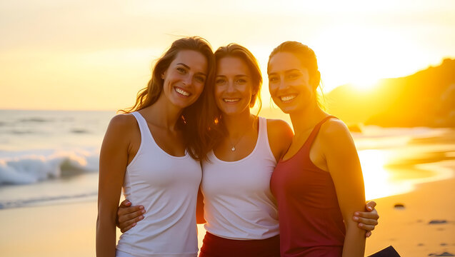 Healthy Lifestyle, Three Women, Beach Fitness, and Golden Sunset Vibes