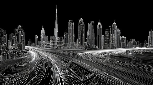 Fototapeta Abstract city skyline with flowing roads