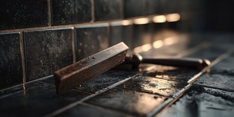 Black and Wooden Handle Razor on Wet Dark Tile Wall with Mist