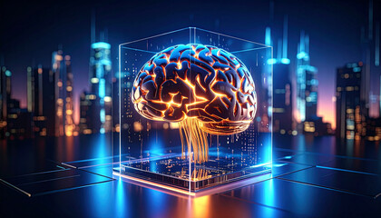 A glowing brain encased in a digital cube represents artificial intelligence and technological innovation in a futuristic cityscape
